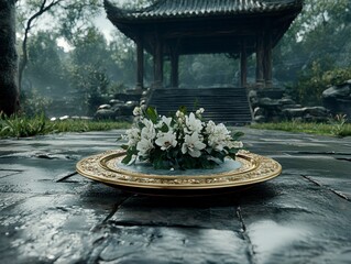 Serene Garden Scene White Flowers on Ornate Plate near Traditional Chinese Pavilion