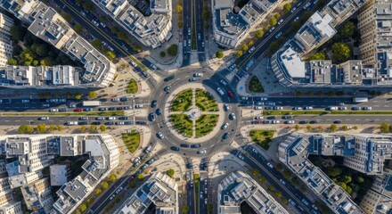 Aerial View of a Busy Urban Roundabout with Traffic Flowing Through City Streets and Buildings
