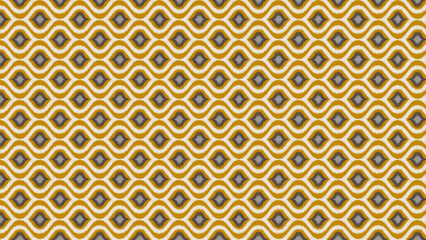 Patterned textile with mustard yellow waves and gray diamond shapes in a repeating design