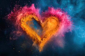 Fototapeta premium Colorful powder explosion forms a heart shape on a dark blue background. Use it to represent love, holi festival, passion, or creative projects.