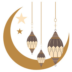 2D illustration of hanging lanterns with stars inside a golden crescent moon, symbolizing Ramadan night and Islamic celebration atmosphere.