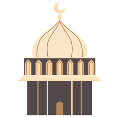 2D illustration of an Islamic mosque with a single large dome and crescent moon, presented in modern minimal vector style.