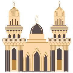 2D illustration of a grand mosque with two tall minarets and a central dome, designed in a soft beige color scheme.