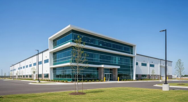 Modern Industrial Warehouse Building with Contemporary Office Facade Featuring Large Glass Windows and Clean Architectural Lines Under a Clear Blue Sky