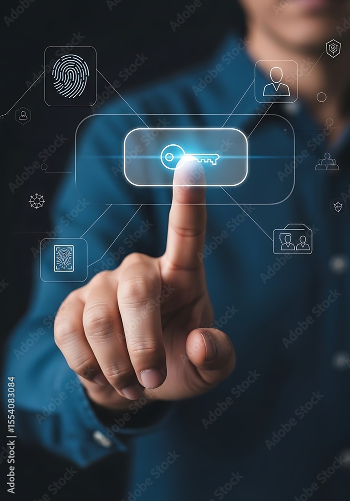 Aufkleber person interacting with digital interface representing data security and access control