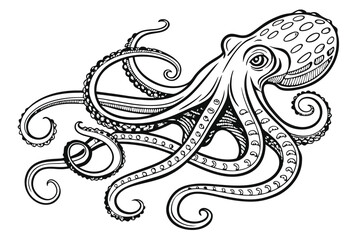 Vintage Octopus Etching – Scratchboard Marine Life Illustration