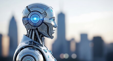 Fototapeta premium Futuristic robot with cityscape background exploring artificial intelligence and technological progress