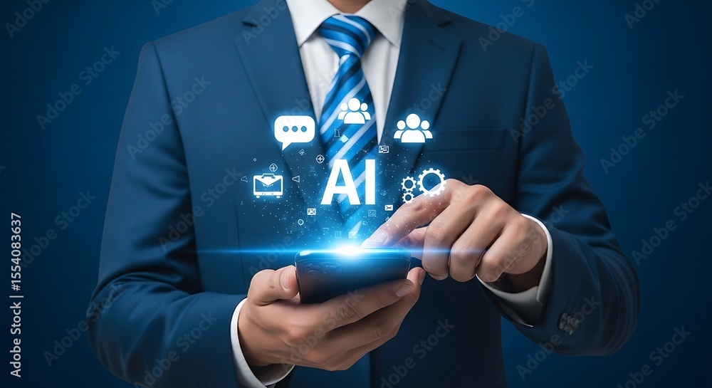 Aufkleber business professional using ai technology on a smartphone representing digital innovation and connec