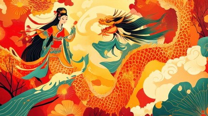 Obraz premium Asian woman, dragon, vibrant colors, ornate, mythical