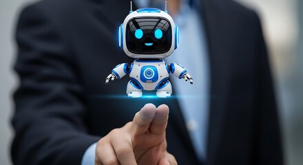 A businessperson interacts with a futuristic artificial intelligence robot concept representation