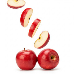 Floating Red Apples and Sliced Apple Pieces on White Background