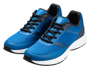 Pair of modern mesh running sneakers with dynamic shadow, isolated on transparent background PNG