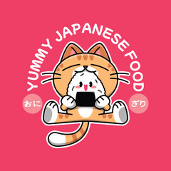 AN ONIGIRI IS EATEN BY AN ORANGE CAT KAWAII CARTOON LOGO