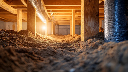 Crawl Space with Exposed Soil and Wooden Beams Showing Signs of Moisture Damage, Mold Growth, and Structural Deterioration, Emphasizing Urgent Need for Repair and Professional Mold Remediati85213758 3