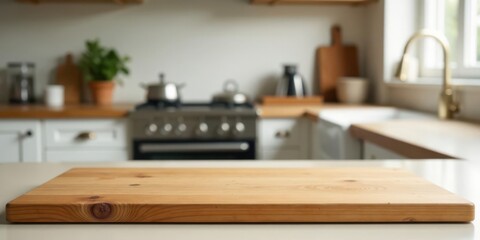 Rustic Kitchen Countertop with Wooden Cutting Board, Ready for Food Presentation or Culinary Display