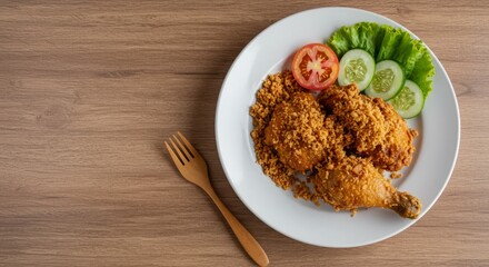 Ayam Kremes, Crispy Indonesian fried chicken with kremes topping on a white ceramic plate