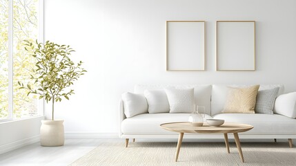 Fototapeta premium Minimalist Living Room with White Couch and Coffee Table