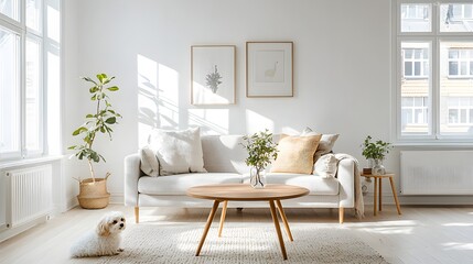 Naklejka na ściany i meble Modern Minimalist Living Room with White Couch and Wooden Coffee Table