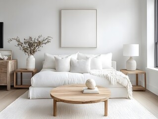 Modern Minimalist Living Room with White Couch and Coffee Table