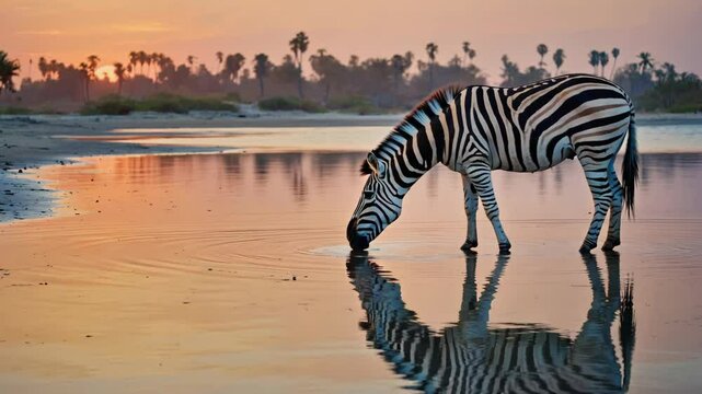 Alone zebra drinking water on the beach with palm tree on sunset