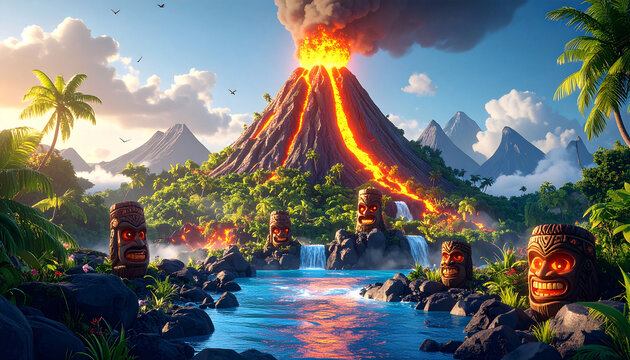 Erupting volcano dominates a lush tropical island scene at sunset, with waterfalls cascading near tiki statues by a tranquil river