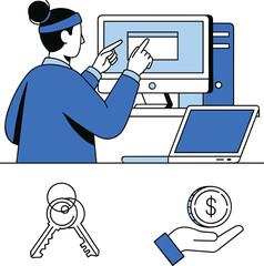 Real Estate Management: Agent Working on Computer, Handling Property Keys and Financial Transactions for Clients