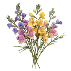 A Toadflax Bouquet, watercolor drawing vector, isolated on a white background.