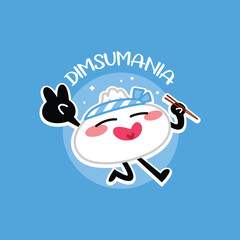 CUTE SMILING DIMSUM IS HOLDING CHOPSTICKS IS SHOWING PEACE SIGN CARTOON MASCOT