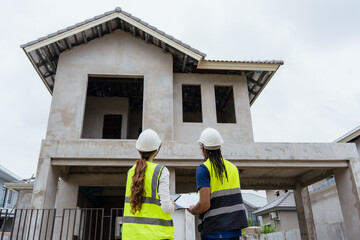 Fototapeta premium Two construction workers wearing safety gear and holding clipboards. One of them is wearing a yellow vest