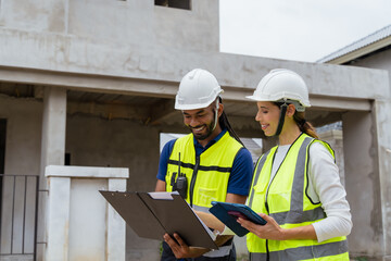 Two people wearing safety gear and looking at a clipboard. One of them is smiling. They are looking...