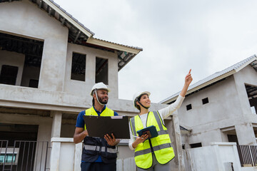 Two construction workers are standing in front of a house, one pointing to the roof. They are...