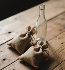 Two burlap bags and a glass bottle sit on a rustic wooden table