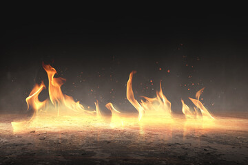 Burning fire on the warland. Inferno landscape, apocalyptic explosion illuminating barren, scorched...