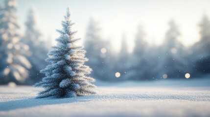 Solitary Frosted Fir Tree in a Softly Blurred Winter Landscape Scene