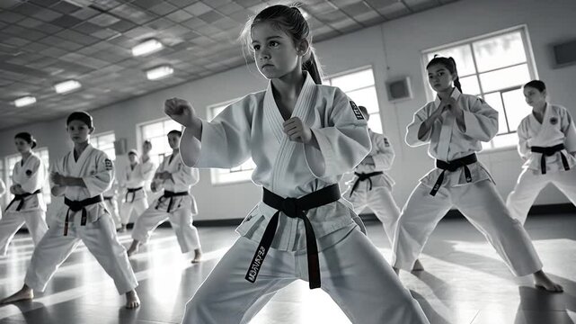 Young girl in karate class with other children in white uniforms practicing martial arts.