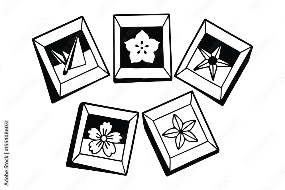 Aufkleber artistic illustration showcasing five distinct stylized botanical designs within rectangular frames 