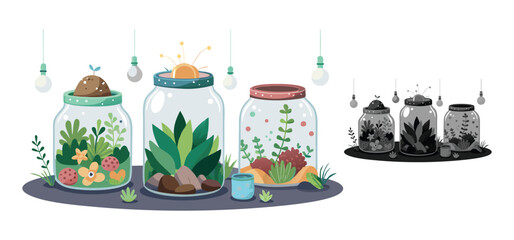 Beautifully illustrated terrariums in glass jars with plants and decorations against white background design