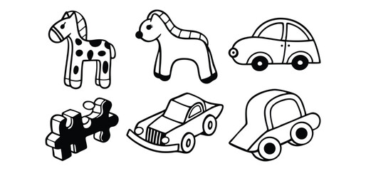 Black and white outlined simple childrens toys including cars horses and a puzzle piece isolated on white
