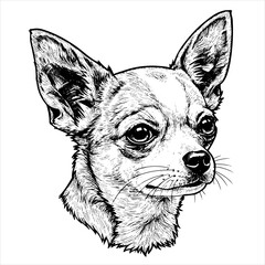 head chihuahua dog pet portrait engraving intricate retro hand drawn style line art black and white vector illustration, isolated on white background
