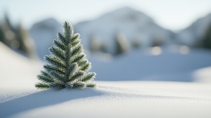 Solitary fir seedling covered with frost in snow landscape on a cold day