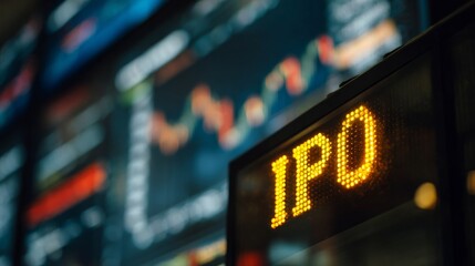 Close-up of golden stock market ticker displaying IPO with financial charts, symbolizing investment opportunities and capital market growth. Financial business and trading concept.