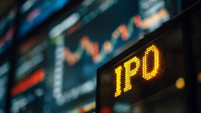 Close-up of golden stock market ticker displaying IPO with financial charts, symbolizing investment opportunities and capital market growth. Financial business and trading concept.