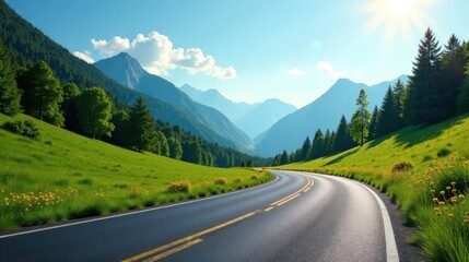 Scenic Winding Road Through Lush Green Meadows and Majestic Mountains Under a Bright Sunny Sky