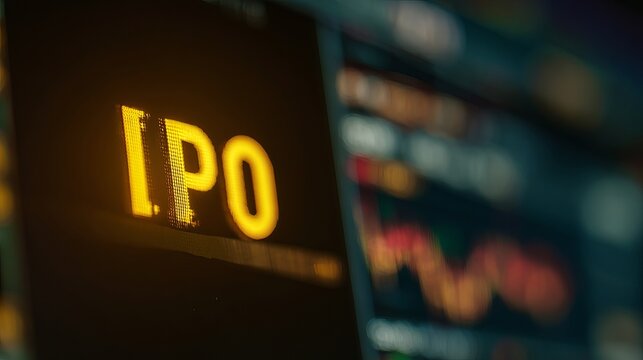 Close-up of golden stock market ticker displaying IPO with financial charts, symbolizing investment opportunities and capital market growth. Financial business and trading concept. - Powered by Adobe