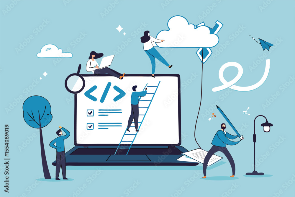 Fototapete software development, coding team, programming frontend backend framework, debugging algorithm, test