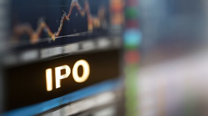 Close-up of golden stock market ticker displaying IPO with financial charts, symbolizing investment opportunities and capital market growth. Financial business and trading concept.