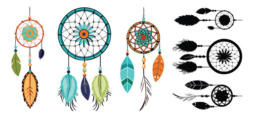 Colorful hand drawn dreamcatcher illustrations featuring feathers and native american tribal design elements in a decorative style. © Hafiz
