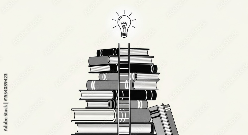 Poster stack of books with ladder and light bulb symbolizing knowledge and innovation