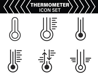 Thermometer icon set with hot and cold temperature symbols. Includes snowflakes, heat scale, weather icons, and climate tools in flat, minimal vector style.

