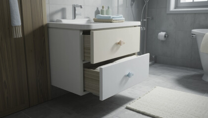 modern bathroom features floating vanity with open drawers, showcasing neatly folded towels. space is bright and clean, with minimalist design and soft color palette